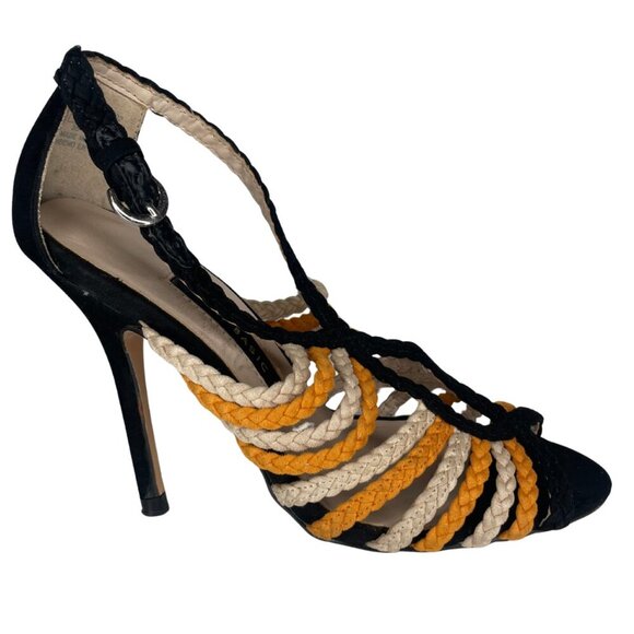 ZARA Leather Orange Black Beige Braided Stiletto Sandals Sz Us 5 Retro - Picture 2 of 13